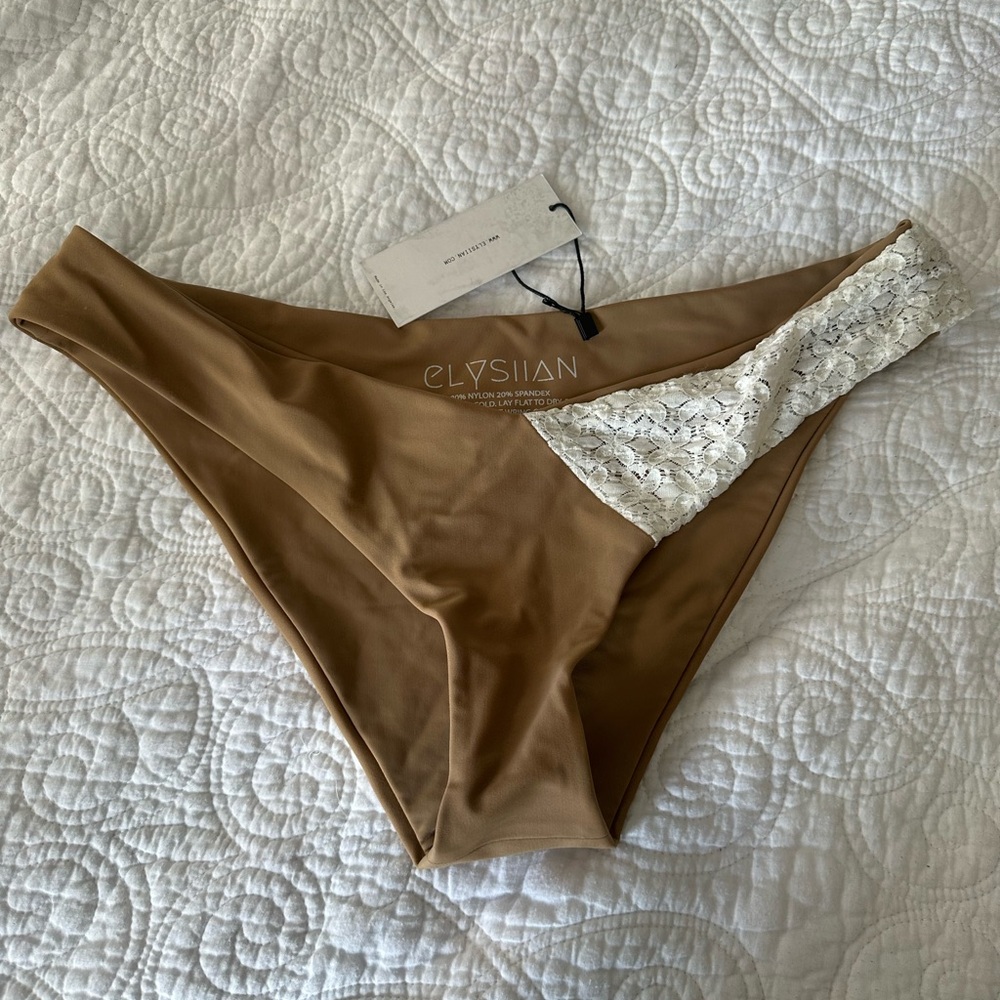 Elysian Tan Bikini Bottom with White Lace Detail